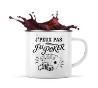 Planetee Mug Métal Émaillé J’peux pas j’ai Poker | Tasse de Camping 300 ml Recto Verso Passe au Lave-Vaisselle | Randonnée Bivouac Bureau | Cadeau Joueur et Joueuse Poker Homme Femme Anniversaire