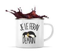 Planetee Mug Métal Émaillé Je le ferai demain | Manchot empereur | Tasse de Camping 300 ml Recto Verso Passe au Lave-Vaisselle | Randonnée Bivouac Bureau | Cadeau Homme Femme Anniversaire | Flemme