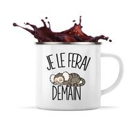 Planetee Mug Métal Émaillé Je le ferai demain | Ouistiti | Tasse de Camping 300 ml Recto Verso Passe au Lave-Vaisselle | Randonnée Bivouac Bureau | Cadeau Homme Femme Anniversaire | Flemme Paresseux