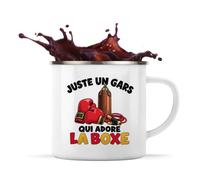 Planetee Mug Métal Émaillé Juste un gars qui adore la boxe | Tasse de Camping 300 ml Recto Verso Passe au Lave-Vaisselle | Randonnée Bivouac Bureau | Cadeau Boxeur Homme Femme Anniversaire