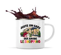 Planetee Mug Métal Émaillé Juste un gars qui adore le shopping | Tasse de Camping 300 ml Recto Verso Passe au Lave-Vaisselle | Randonnée Bivouac Bureau | Cadeau Fashionista Homme Femme Anniversaire