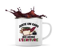 Planetee Mug Métal Émaillé Juste un gars qui adore l'écriture | Tasse de Camping 300 ml Recto Verso Passe au Lave-Vaisselle | Randonnée Bivouac Bureau | Cadeau Écrivain Homme Femme Anniversaire