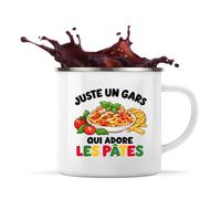 Planetee Mug Métal Émaillé Juste un gars qui adore les pâtes | Tasse de Camping 300 ml Recto Verso Passe au Lave-Vaisselle | Randonnée Bivouac Bureau | Cadeau Gourmand Homme Femme Anniversaire