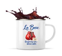 Planetee Mug Métal Émaillé La boxe, toujours une bonne idée | Tasse de Camping 300 ml Recto Verso Passe au Lave-Vaisselle | Randonnée Bivouac Bureau | Cadeau Boxeur Boxeuse Homme Femme Anniversaire