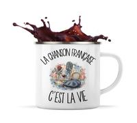 Planetee Mug Métal Émaillé La chanson française c'est la vie | Tasse de Camping 300 ml Recto Verso Passe au Lave-Vaisselle | Randonnée Bivouac Bureau