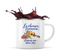 Planetee Mug Métal Émaillé La chanson française, toujours une bonne idée | Tasse de Camping 300 ml Recto Verso Passe au Lave-Vaisselle | Randonnée Bivouac Bureau