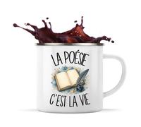 Planetee Mug Métal Émaillé La poésie c'est la vie | Tasse de Camping 300 ml Recto Verso Passe au Lave-Vaisselle | Randonnée Bivouac Bureau | Cadeau Poète Poétesse Homme Femme Anniversaire