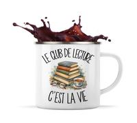 Planetee Mug Métal Émaillé Le club de lecture c'est la vie | Tasse de Camping 300 ml Recto Verso Passe au Lave-Vaisselle | Randonnée Bivouac Bureau | Cadeau Lecteur Lectrice Homme Femme Anniversaire