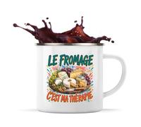 Planetee Mug Métal Émaillé Le fromage c'est ma thérapie | Tasse de Camping 300 ml Recto Verso Passe au Lave-Vaisselle | Randonnée Bivouac Bureau | Cadeau Homme Femme Anniversaire