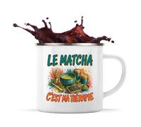 Planetee Mug Métal Émaillé Le matcha c'est ma thérapie | Tasse de Camping 300 ml Recto Verso Passe au Lave-Vaisselle | Randonnée Bivouac Bureau | Cadeau Homme Femme Anniversaire