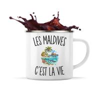 Planetee Mug Métal Émaillé Les Maldives c’est la vie | Tasse de Camping 300 ml Recto Verso Passe au Lave-Vaisselle | Randonnée Bivouac Bureau | Cadeau Voyageur Voyageuse Homme Femme Anniversaire