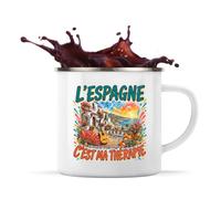 Planetee Mug Métal Émaillé L'espagne c'est ma thérapie | Tasse de Camping 300 ml Recto Verso Passe au Lave-Vaisselle | Randonnée Bivouac Bureau | Cadeau Homme Femme Anniversaire