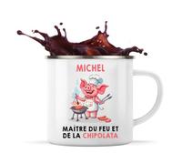 Planetee Mug Métal Émaillé Michel maître du feu et de la chipolata | Tasse de Camping 300 ml Recto Verso Passe au Lave-Vaisselle | Randonnée Bivouac Bureau