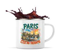 Planetee Mug Métal Émaillé Paris c'est ma thérapie | Tasse de Camping 300 ml Recto Verso Passe au Lave-Vaisselle | Randonnée Bivouac Bureau | Cadeau Homme Femme Anniversaire