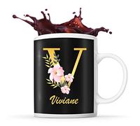 Planetee Mug Viviane | Tasse prénom femme fond noir avec Lettre fleur | Idée cadeau pour anniversaire noël et fête des mères