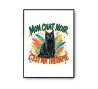 Planetee Poster Mon chat noir c'est ma thérapie | Affiche Papier Photo 310 g Finition Perlée Format Taille A2 | Décoration Murale Salon Chambre Bureau | Cadeau Crémaillère Anniversaire