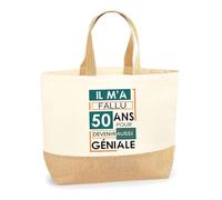 Planetee Sac 50 ans géniale anniversaire | Cabas de Plage Courses Coton et Toile de Jute Idée Cadeau Femme