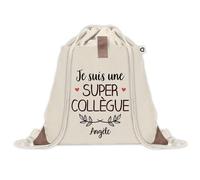 Planetee Sac à dos avec pochette Angèle Super Collègue - Sac de Sport et Gym avec cordelettes en Toile - Idée Cadeau Collègue Noël Anniversaire - Sac Doudou