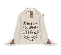 Planetee Sac à dos avec pochette Anouk Super Collègue - Sac de Sport et Gym avec cordelettes en Toile - Idée Cadeau Collègue Noël Anniversaire - Sac Doudou