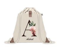 Planetee Sac à dos avec pochette Astrid Lettre Fleur - Sac de Sport et Gym avec cordelettes en Toile - Idée Cadeau Collègue Noël Anniversaire - Sac Doudou