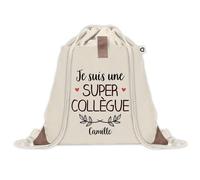Planetee Sac à dos avec pochette Camille Super Collègue - Sac de Sport et Gym avec cordelettes en Toile - Idée Cadeau Collègue Noël Anniversaire - Sac Doudou
