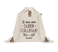Planetee Sac à dos avec pochette Lucette Super Collègue - Sac de Sport et Gym avec cordelettes en Toile - Idée Cadeau Collègue Noël Anniversaire - Sac Doudou