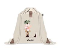 Planetee Sac à dos avec pochette Lydia Lettre Fleur - Sac de Sport et Gym avec cordelettes en Toile - Idée Cadeau Collègue Noël Anniversaire - Sac Doudou