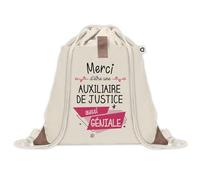 Planetee Sac à dos avec pochette Merci Auxiliaire de Justice Géniale - Sac de Sport et Gym avec cordelettes en Toile - Idée Cadeau Collègue Noël Anniversaire - Sac Doudou