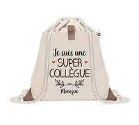 Planetee Sac à dos avec pochette Monique Super Collègue - Sac de Sport et Gym avec cordelettes en Toile - Idée Cadeau Collègue Noël Anniversaire - Sac Doudou