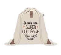 Planetee Sac à dos avec pochette Violette Super Collègue - Sac de Sport et Gym avec cordelettes en Toile - Idée Cadeau Collègue Noël Anniversaire - Sac Doudou