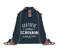 Planetee Sac à dos Bleu avec pochette Certifié meilleur Écrivain - Sac de Sport et Gym avec Cordelettes en Toile - Sac Doudou - Idée Cadeau Original Collègue, Anniversaire ou Départ Retraite