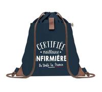 Planetee Sac à dos Bleu avec pochette Certifiée meilleure Infirmière - Sac de Sport et Gym avec Cordelettes en Toile - Sac Doudou - Idée Cadeau Original Collègue, Anniversaire ou Départ Retraite