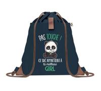 Planetee Sac à dos Bleu avec pochette Girl Pas Touche Panda - Sac de Sport et Gym avec Cordelettes en Toile - Sac Doudou - Idée Cadeau Original Collègue, Anniversaire ou Départ Retraite