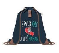 Planetee Sac à dos Bleu avec pochette J'peux Pas Maman - Sac de Sport et Gym avec Cordelettes en Toile - Sac Doudou - Idée Cadeau Original Collègue, Anniversaire ou Départ Retraite