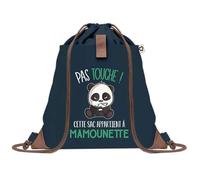 Planetee Sac à dos Bleu avec pochette Mamounette Pas Touche Panda - Sac de Sport et Gym avec Cordelettes en Toile - Sac Doudou - Idée Cadeau Original Collègue, Anniversaire ou Départ Retraite