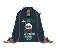 Planetee Sac à dos Bleu avec pochette Prof Pas Touche Panda - Sac de Sport et Gym avec Cordelettes en Toile - Sac Doudou - Idée Cadeau Original Collègue, Anniversaire ou Départ Retraite