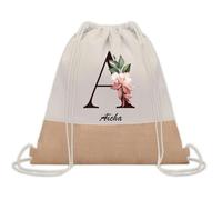Planetee Sac à dos toile et jute Aïcha Lettre Fleur | Sac de Sport et Gym avec cordelettes | Idée Cadeau Collègue Noël Anniversaire | Sac Doudou