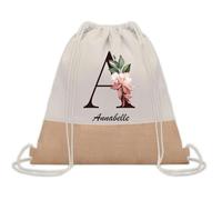 Planetee Sac à dos toile et jute Annabelle Lettre Fleur | Sac de Sport et Gym avec cordelettes | Idée Cadeau Collègue Noël Anniversaire | Sac Doudou