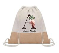 Planetee Sac à dos toile et jute Anne-Sophie Lettre Fleur | Sac de Sport et Gym avec cordelettes | Idée Cadeau Collègue Noël Anniversaire | Sac Doudou