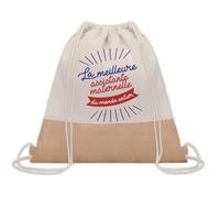 Planetee Sac à dos toile et jute Assistante Maternelle Meilleure du Monde | Sac de Sport et Gym avec cordelettes | Idée Cadeau Collègue Noël Anniversaire | Sac Doudou