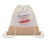 Planetee Sac à dos toile et jute Auxiliaire de Vie Meilleure du Monde | Sac de Sport et Gym avec cordelettes | Idée Cadeau Collègue Noël Anniversaire | Sac Doudou