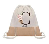 Planetee Sac à dos toile et jute Carole Lettre Fleur | Sac de Sport et Gym avec cordelettes | Idée Cadeau Collègue Noël Anniversaire | Sac Doudou