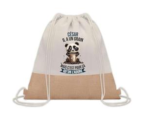 Planetee Sac à dos toile et jute César Panda Grain | Sac de Sport et Gym avec cordelettes | Idée Cadeau Collègue Noël Anniversaire | Sac Doudou