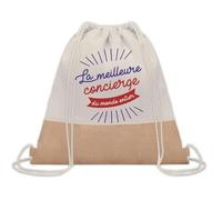 Planetee Sac à dos toile et jute Concierge Meilleure du Monde | Sac de Sport et Gym avec cordelettes | Idée Cadeau Collègue Noël Anniversaire | Sac Doudou