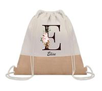 Planetee Sac à dos toile et jute Elise Lettre Fleur | Sac de Sport et Gym avec cordelettes | Idée Cadeau Collègue Noël Anniversaire | Sac Doudou