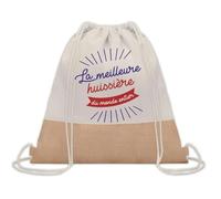 Planetee Sac à dos toile et jute Huissière Meilleure du Monde | Sac de Sport et Gym avec cordelettes | Idée Cadeau Collègue Noël Anniversaire | Sac Doudou