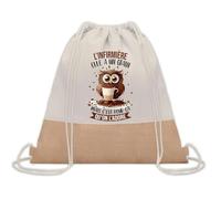 Planetee Sac à dos toile et jute Infirmière Chouette Grain | Sac de Sport et Gym avec cordelettes | Idée Cadeau Collègue Noël Anniversaire | Sac Doudou