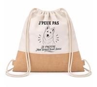 Planetee Sac à Dos Toile et Jute J’peux pas je préfère mon Berger Blanc Suisse | Sac de Sport en Coton Sergé 160 g/m² avec Fond en Jute 7 L | Gym Piscine École