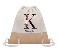 Planetee Sac à dos toile et jute Khadija Lettre Fleur | Sac de Sport et Gym avec cordelettes | Idée Cadeau Collègue Noël Anniversaire | Sac Doudou