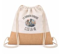 Planetee Sac à Dos Toile et Jute La chanson française c'est la vie | Sac de Sport en Coton Sergé 160 g/m² avec Fond en Jute 7 L | Gym Piscine École